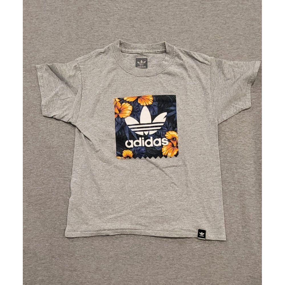 Small Adidas Floral Design Logo Grey T-Shirt Tropical Flower Cotton Poly‎ Blend